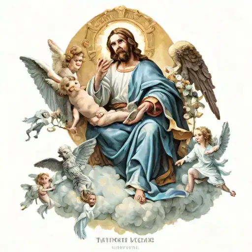 A Heavenly Scene With Angels Surrounding Jesus Stripped And The Virgin Of Hope Of Seville