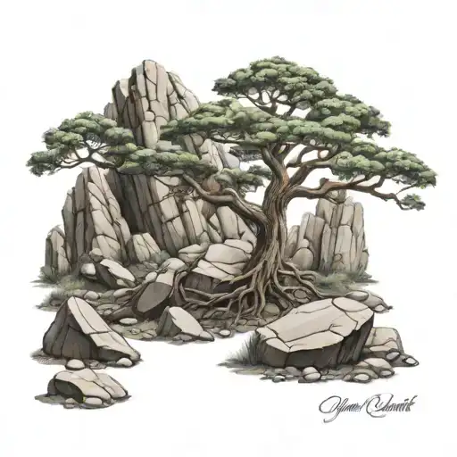 Oak Tree And Rocks Surrounded