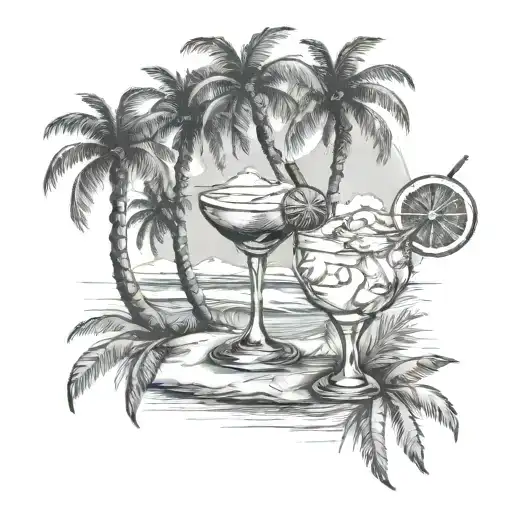 A Beach Scene With Palm Trees And A Cocktail Glass That Doubles As A Microphone