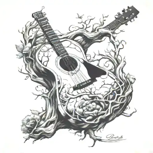 A Sketch Style Design Of A Guitar Morphing Into A Tree Of Life