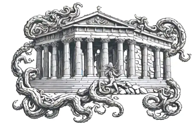 Medusa Style Greek Temple Tattoo Design