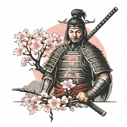 Samurai Next To Cherry Blossom Tree Templem In Backround