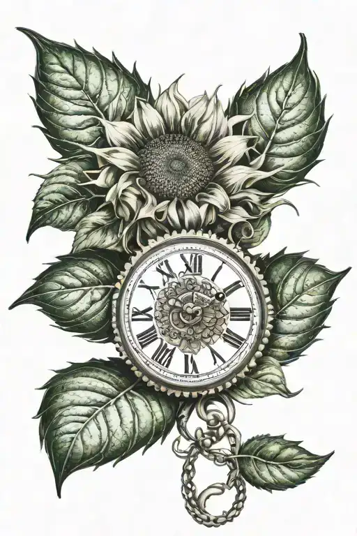 Sunflower With Green Leaves And Pocket Watch Surrounded