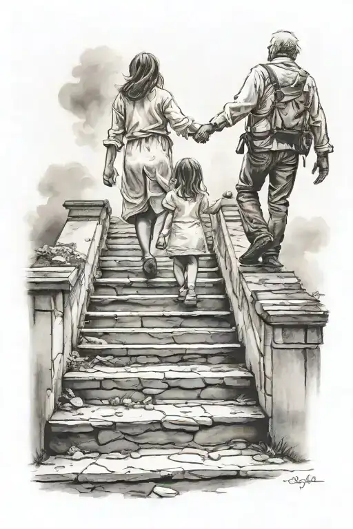 Father And Daughter Walking Up On Stairs To Heaven