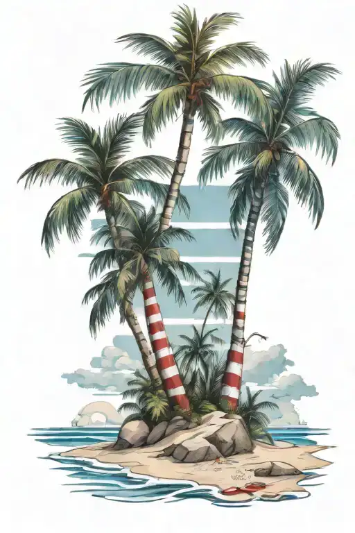 Beach Shore With Palm Trees With Red Blue Stripes