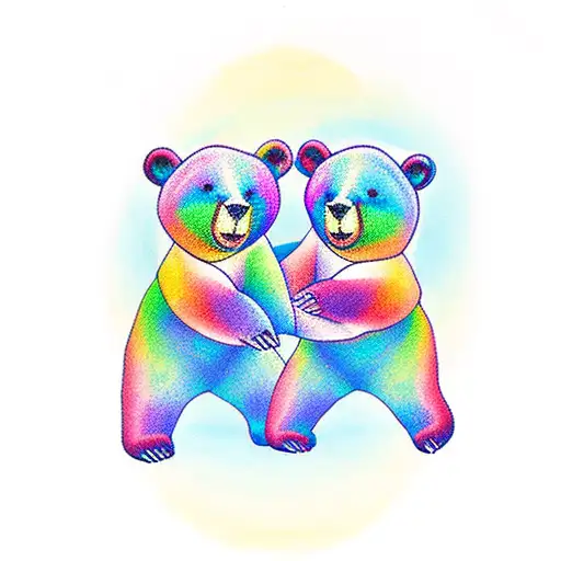 Dancing Bears Walking Across The Sunset With Rainbow