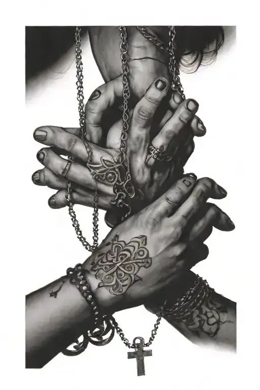 Locked Finger Hands Praying And A Small Cross Necklace Hanging Between Her Hands