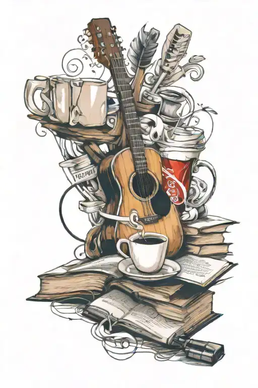 A Guitar With A Coffee Cup And A Book Intertwined In The Design And A Coca Cola Glass