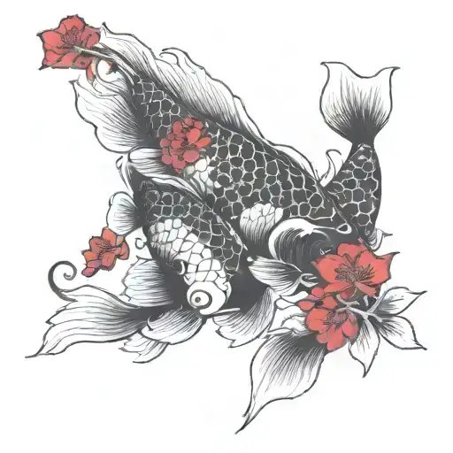 Two Black & Red Koi Fish With Red Flowers Intertwined