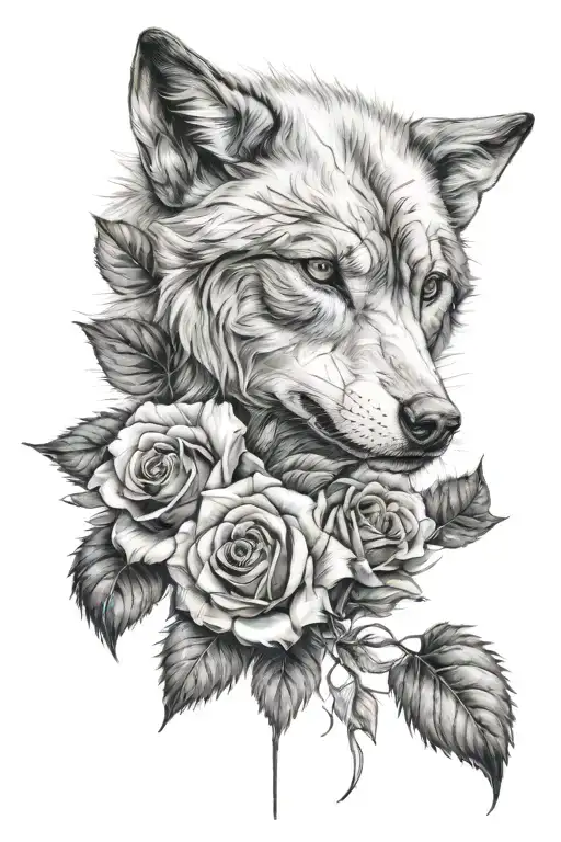 Rose Down Centre Of Arm With A Stem And Wolf Art Just Above