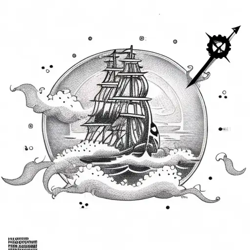 Pirate Ship In Ocean Getting Struck By Lightning With A Compass