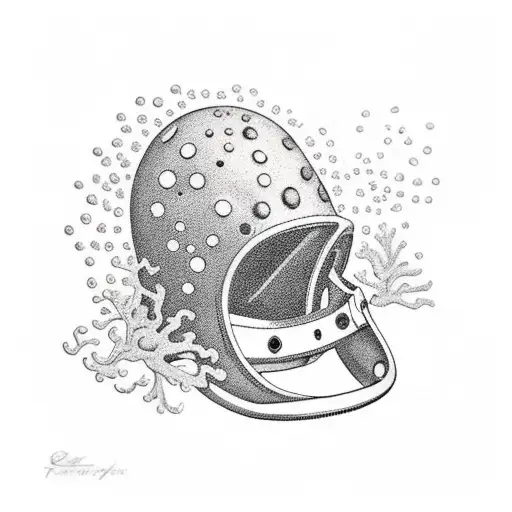 Old Divers Helmet Resting On Coral With Fish Swiming Around It