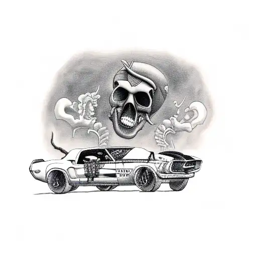 Old School Mustang With Skull Head Sticking Outside Of Window Smoking A Cigar