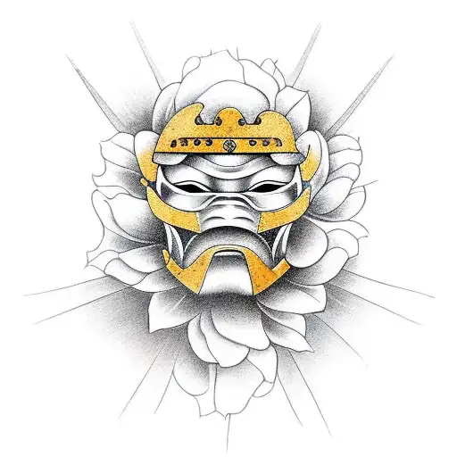 Samurai Mask Looking Down On Flowers