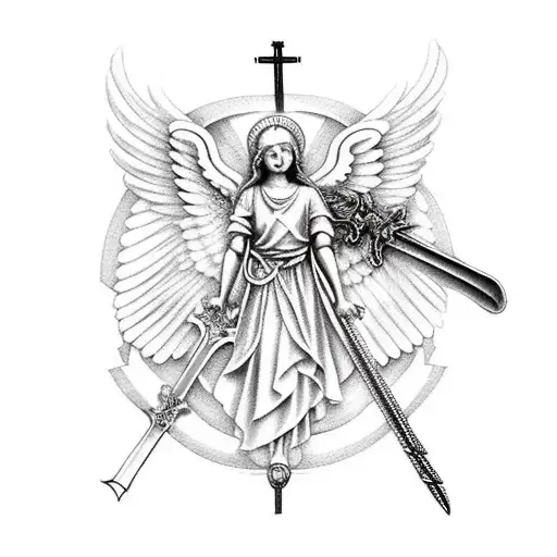 Catholic Angel Protector With Sword And Wings