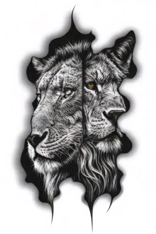 Half Face Of A Lion And Half Face Of A Wolf Attached Together Creating A Single Face