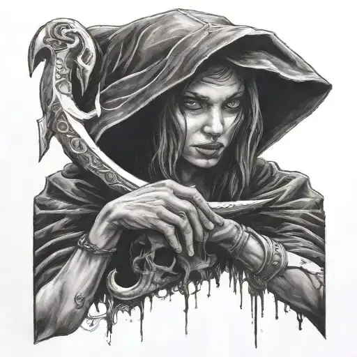 Dark Women With Black Hood And A Scythe In A Hand