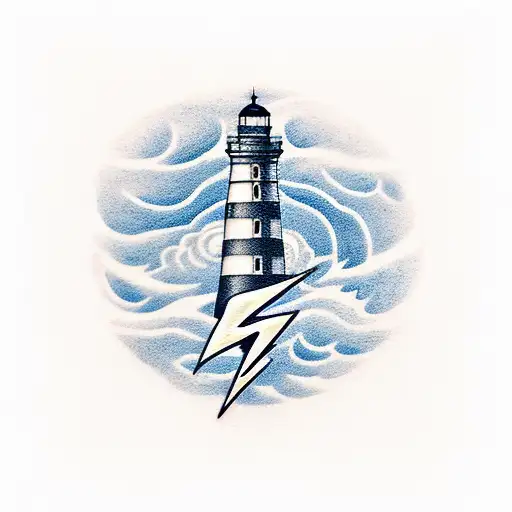 A Dynamic Tattoo Featuring A Lightning Bolt Striking A Lighthouse In The Ocean