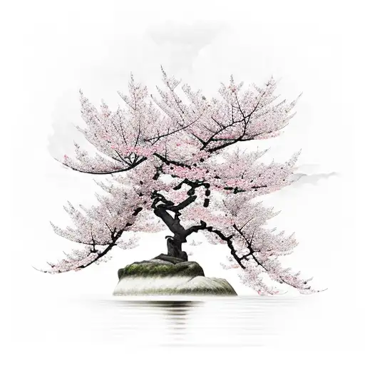 A Serene Japanese Landscape With A Cherry Blossom Tree And A Samurai Wielding A Katana
