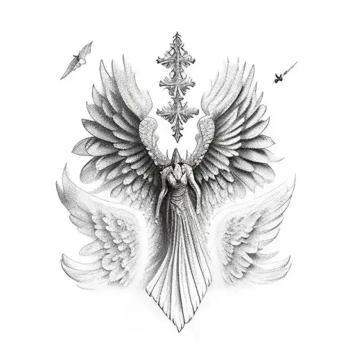 Talons Grapping Onto Traps Going Down The Back Of Broken Angel Wings With A Crown Int He Middle