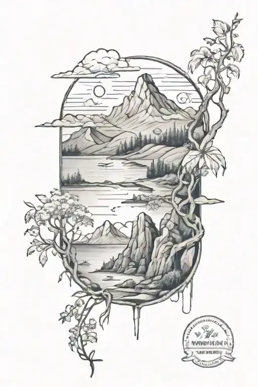A Mountain Landscape Tattoo With A Hidden Beach Scene Within The Mountains