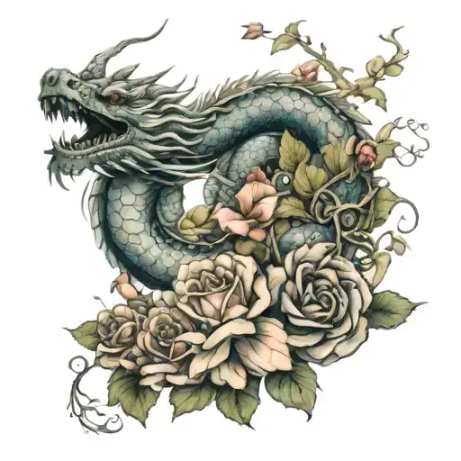 Japanese Dragon Flying Around Roses And Vines
