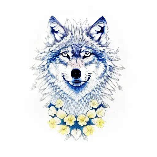 Wolf Head With Hibiscus Flower On Its Ear With One Hazel Eye And One Blue Eye