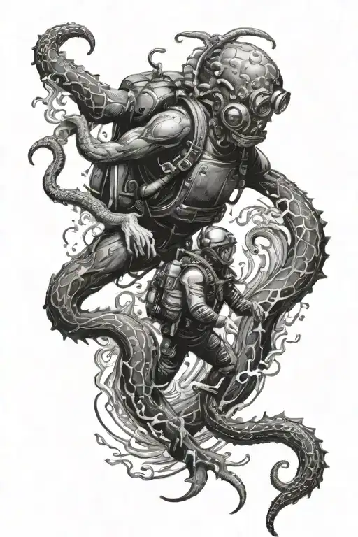 A Realistic Depiction Of A Scuba Diver Encountering A Mythical Sea Monster In The Deep Ocean Depths