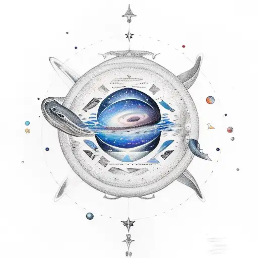 Whale Swimming Through A Galaxy With Constellations And A Big Saturn Behind