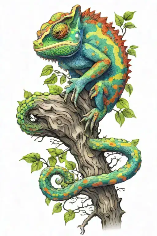 Chameleon With Bright Multicolored Psychedelic Scales Climbing A Tree