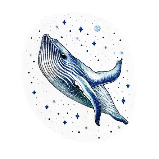 Whale Swimming Through A Galaxy With Constellations And Saturn