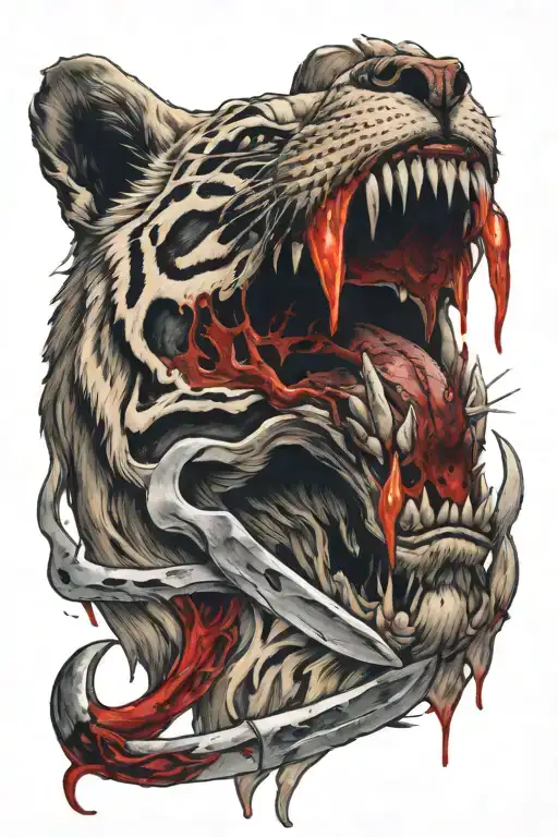 A Flaming Tiger Skull With A Knife In It With Dripping Blood