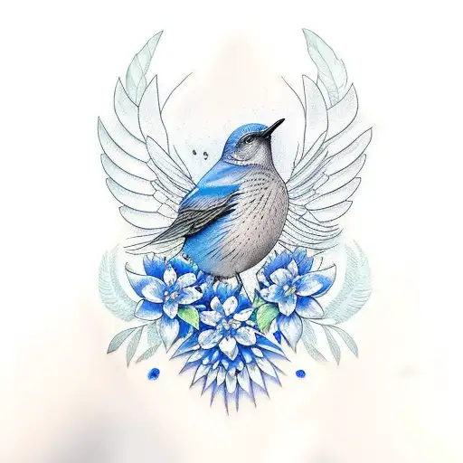 Blue Bird With Open Wings And Plants And Flowers