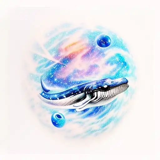 Blue Whale Swimming Through A Galaxy With Constellations And Saturn