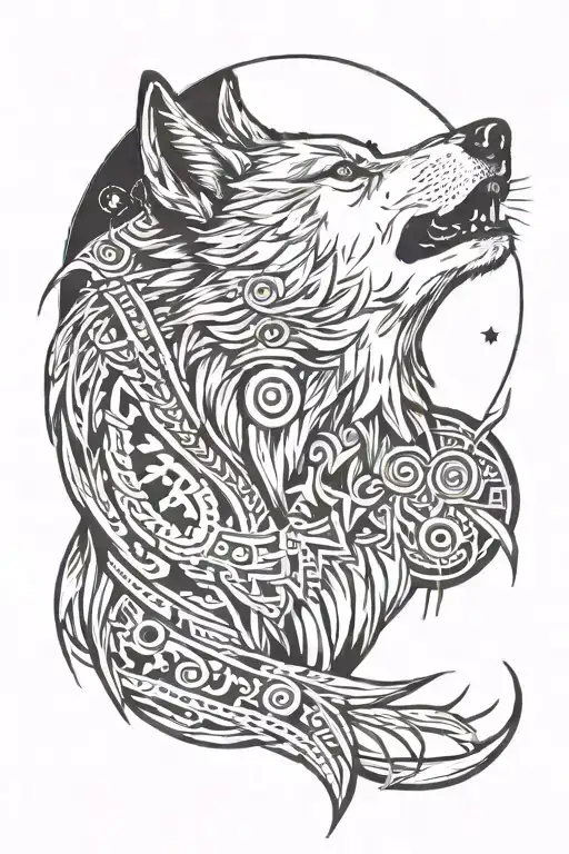 A Wolf Howling At The Moon With A Tribal Design Incorporating Electrical Symbols