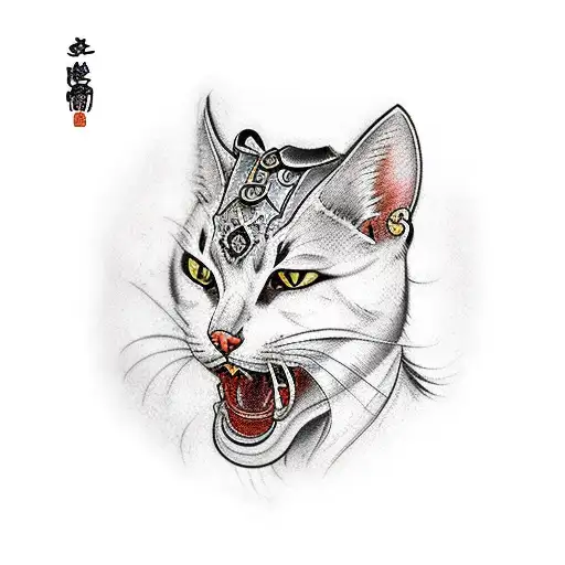 A Traditional Tattoo Of A Samurai Cat Engaged In A Fierce Battle