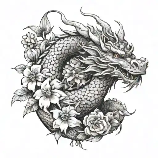 A Manga-inspired Small Chinese Dragon Surrounded By Intricate Flowers