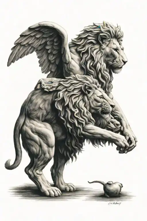 Angel And Lion Head Profile Holding Hands Holding A Heart