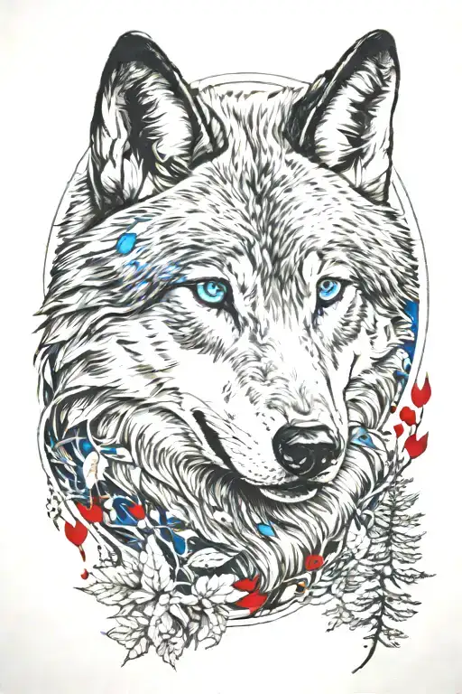 Blue Eyes Wolf Head In The Forrest Small Red Accents