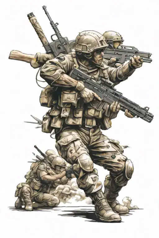 Illustrate A Scene Of A Soldier Shooting A Gun While Surrounded By Angelic Figures Holding Spears