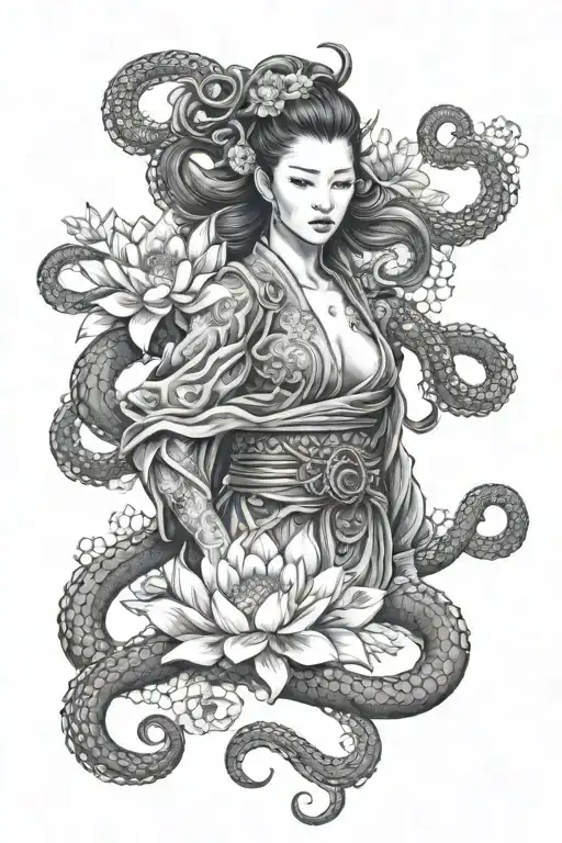 Octopus Japan Girl Roses Lotus Samurai Sleeve In Japanese