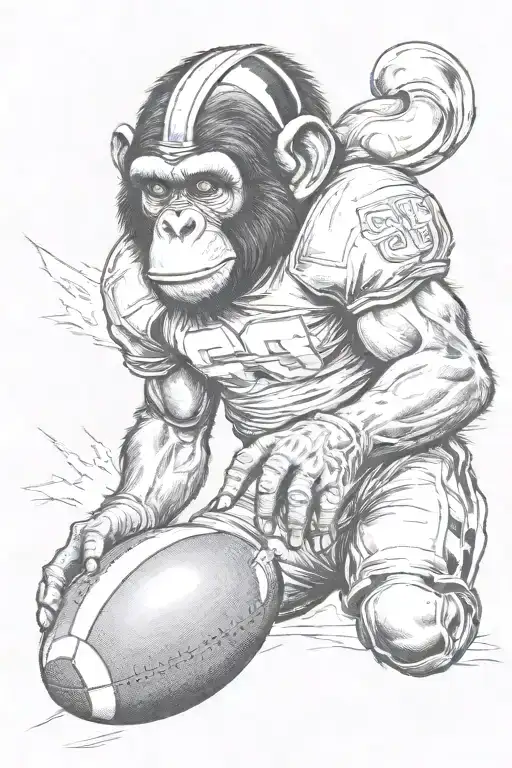 Chimp In Football Guard Fiercely Running A Football With A 27 Jersey