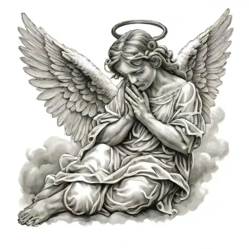 An Angel Praying On Her Knees Up At The Clouds