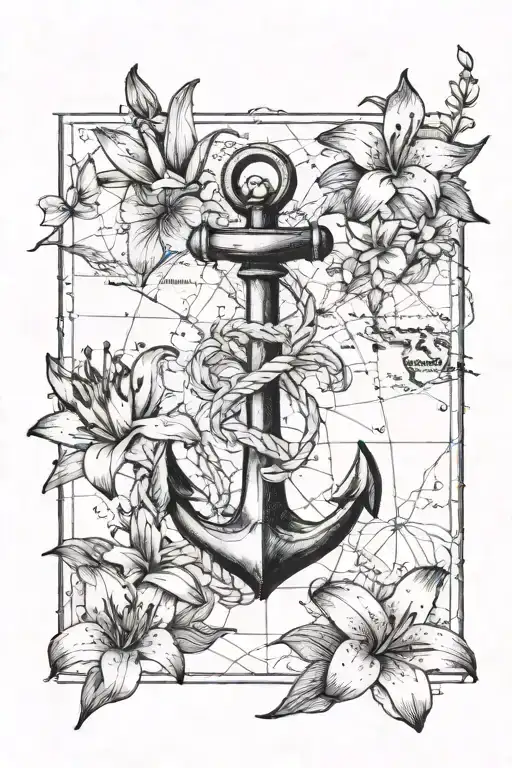 Nautical Map With Anchor And Lily Flowers