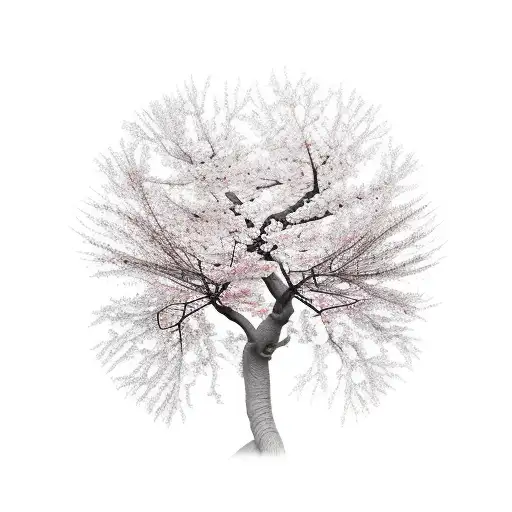 A Realistic Depiction Of A Cherry Blossom Tree Growing From A Dragon's Tail