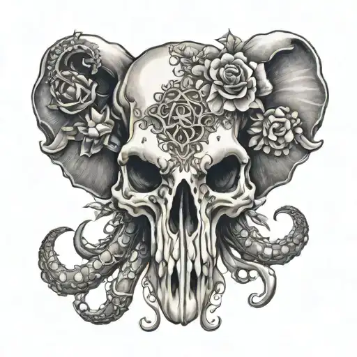 Elephant Octopus Hybrid Animal Skull With Tenticles Surrounded By Gothic Inspired Flowers & Theme