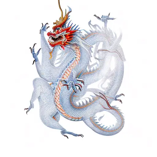 A Chinese Dragon Flying In Vertical Position To Up With A Lady With A White Dress Looking Up Too