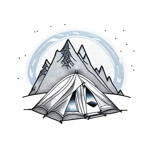 A Mountain Range With A Tent And Campfire At The Base