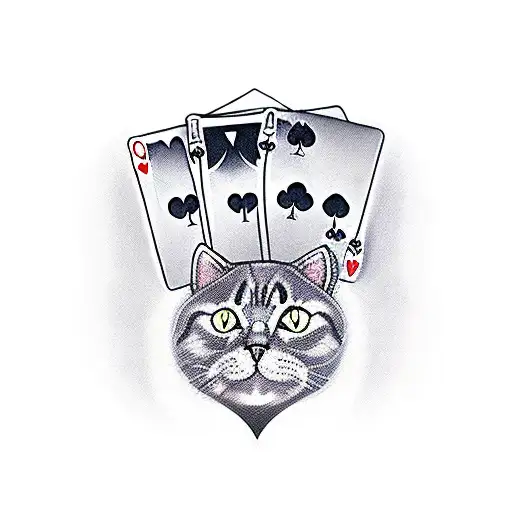 Cat With Card Q Heart And Q Diamond As Poker Master