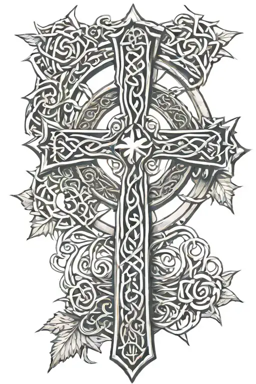 Celtic Cross Surroundeed By Thorn Crown With Rays Of Sun